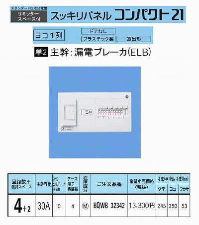 パナソニック(Panasonic) BQWB32342 分電盤｜スッキリパネルコンパクト21(露出形)(ドアなし)(リミッタースペース付